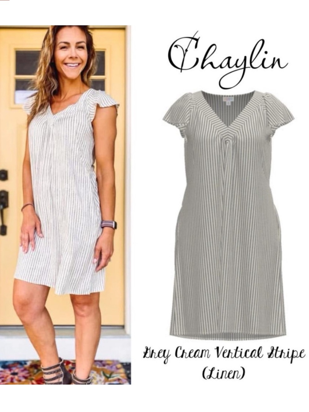 Lularoe Cream White Striped V‑Neck Midi Dress with Pockets